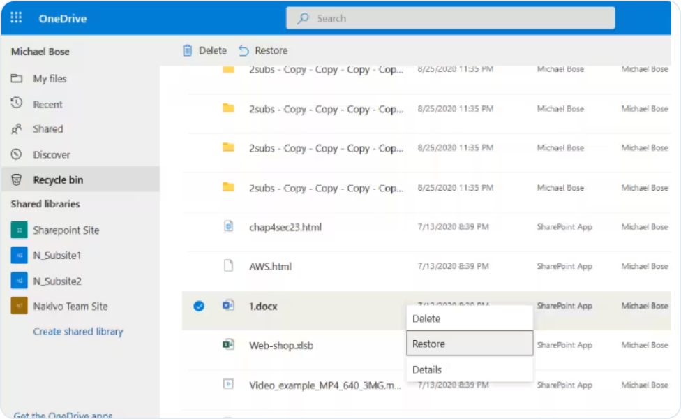 Restaurer un fichier depuis la Corbeille OneDrive