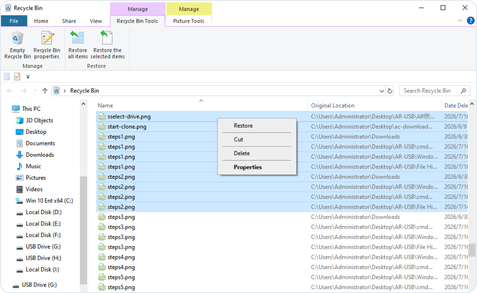 Restaurer un fichier depuis la Corbeille Windows