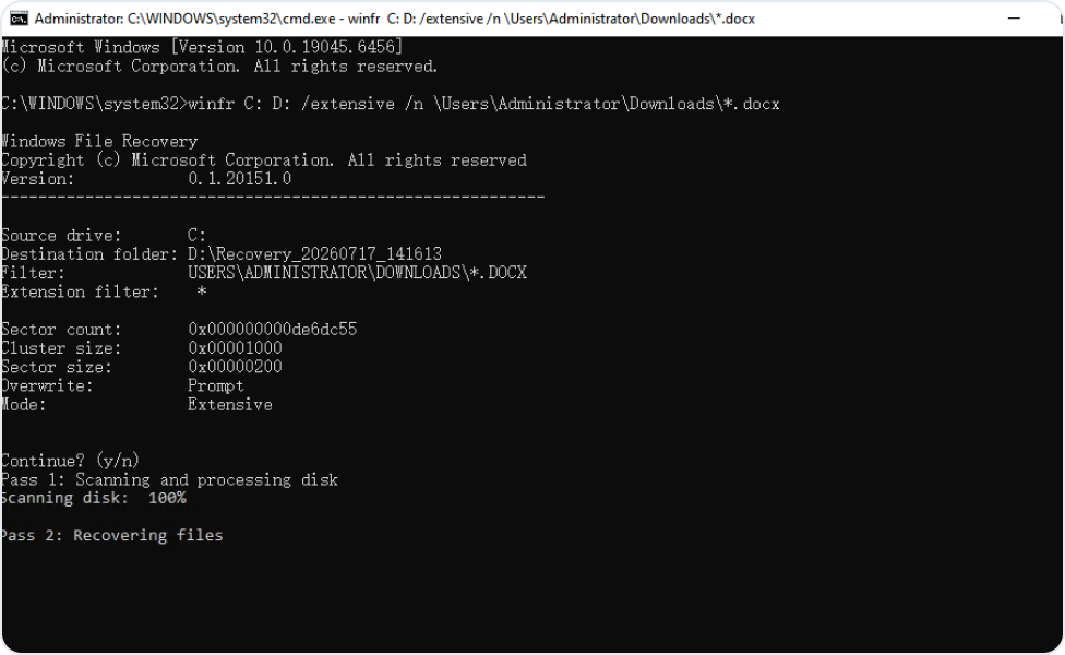Windows File Recovery en ligne de commande