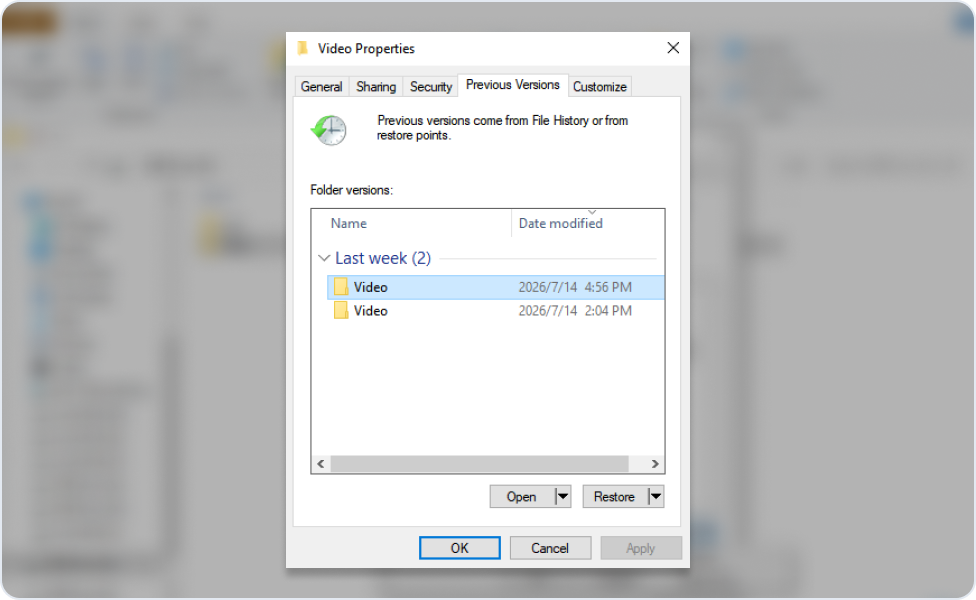 L'onglet Versions précédentes dans les propriétés du dossier Windows