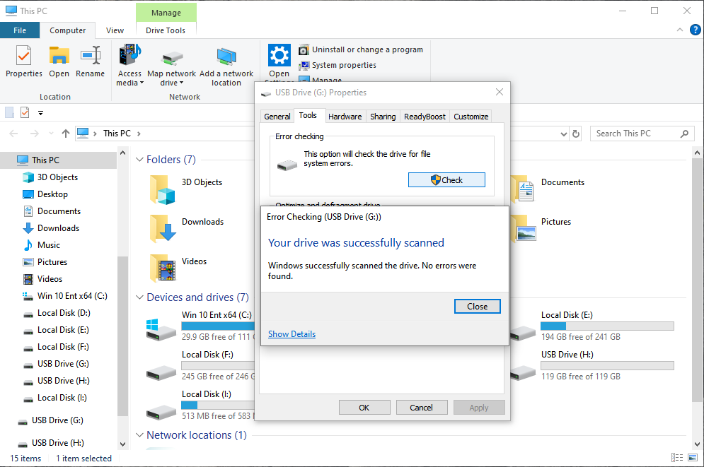 Étapes de la vérification des erreurs Windows pour une clé USB