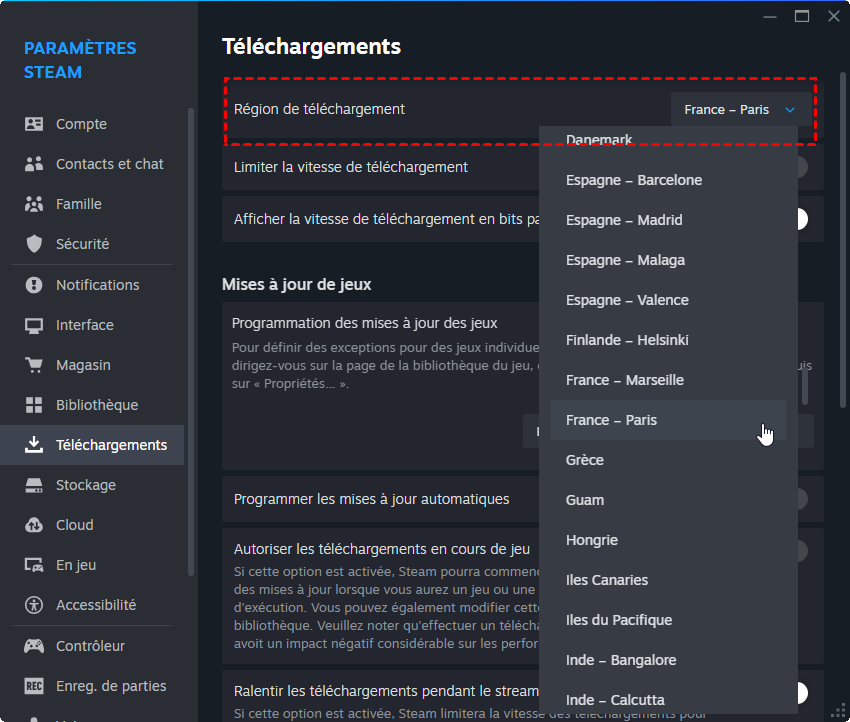 région téléchargement