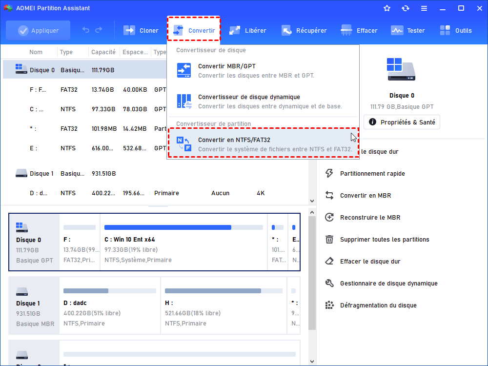 Convertir en NTFS ou FAT32